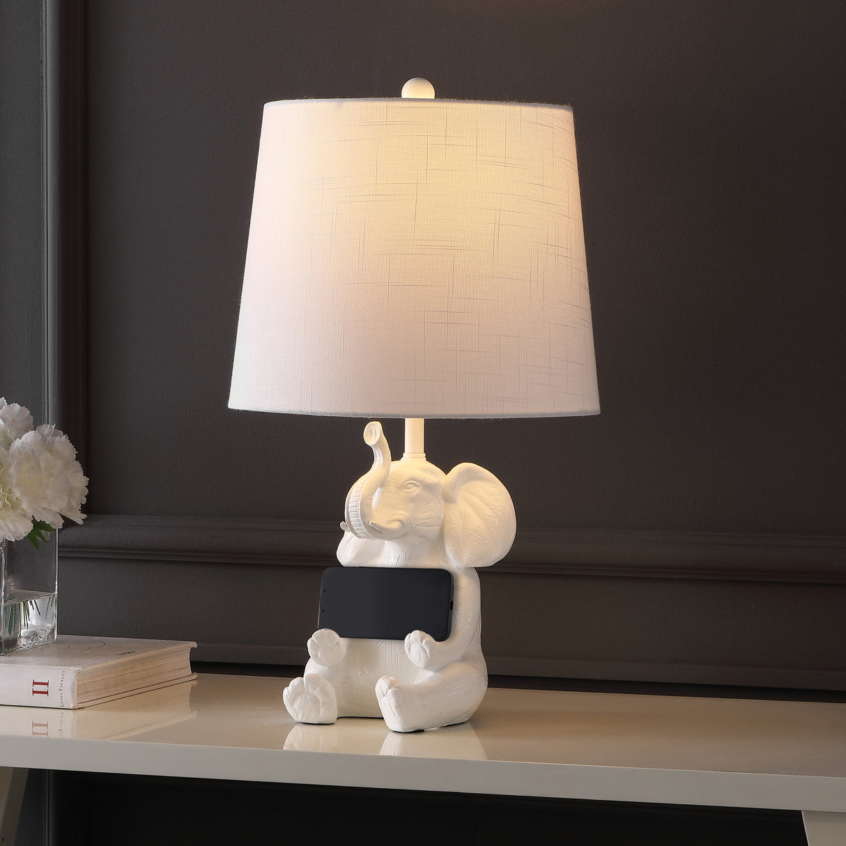 Kairi Modern Shabby Chic Resin/Iron Happy Elephant LED Kids' Table Lamp with Phone Stand