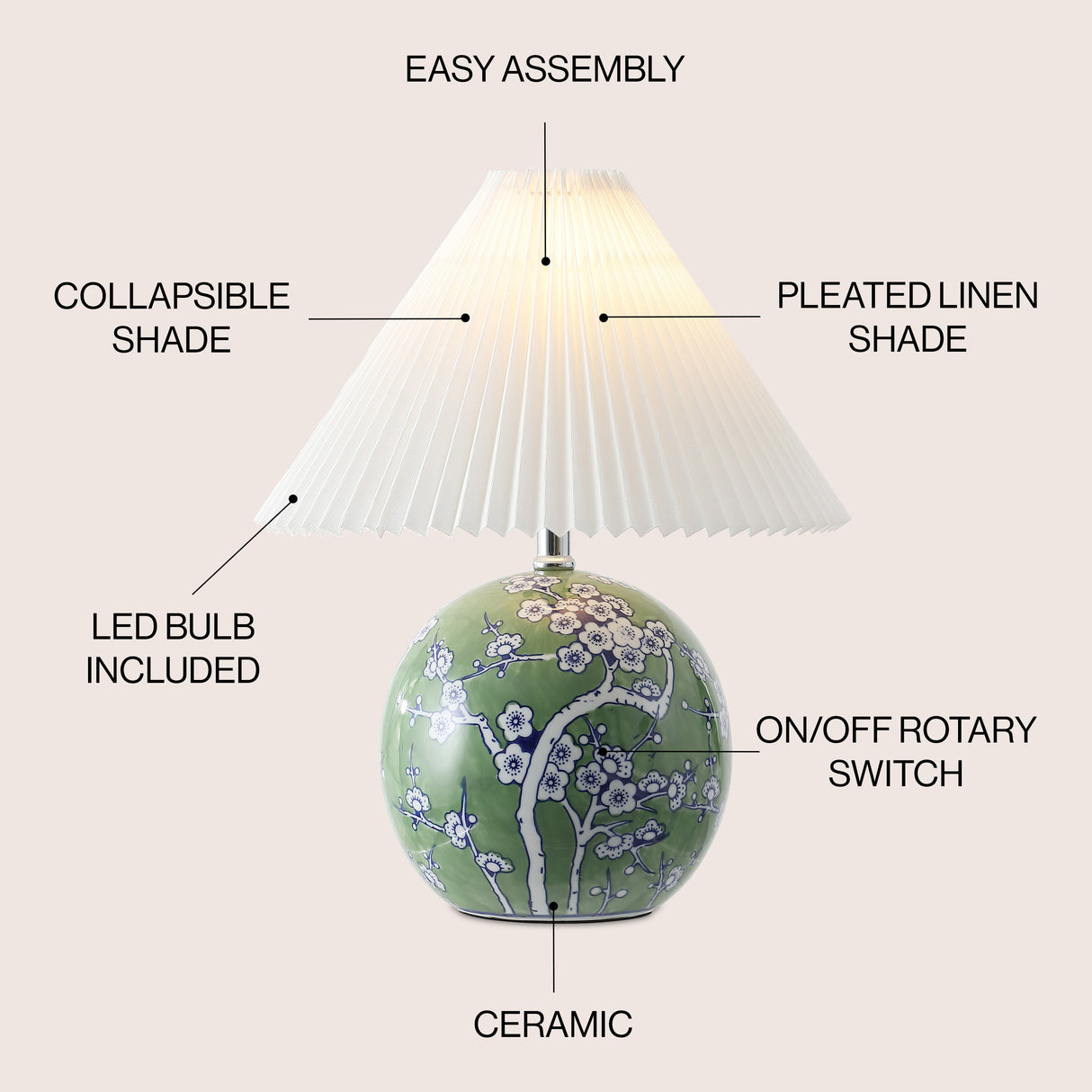 Shishen Cottage Classic Chinoiserie Ceramic Orb LED Table Lamp with Pleated Shade