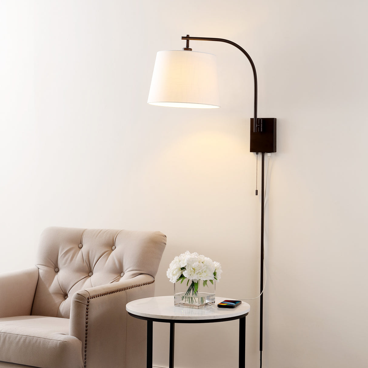 Gosling 1-Light Mid-Century Modern Plug-In or Hardwired Iron LED Gooseneck Swing Arm Wall Sconce with Pull-Chain and USB Charging Port