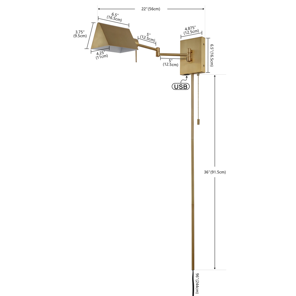 Arlo 1-Light Farmhouse Industrial Single Swing Arm Plug-In or Hardwired Iron LED Wall Sconce with Pull-Chain USB Charging Port