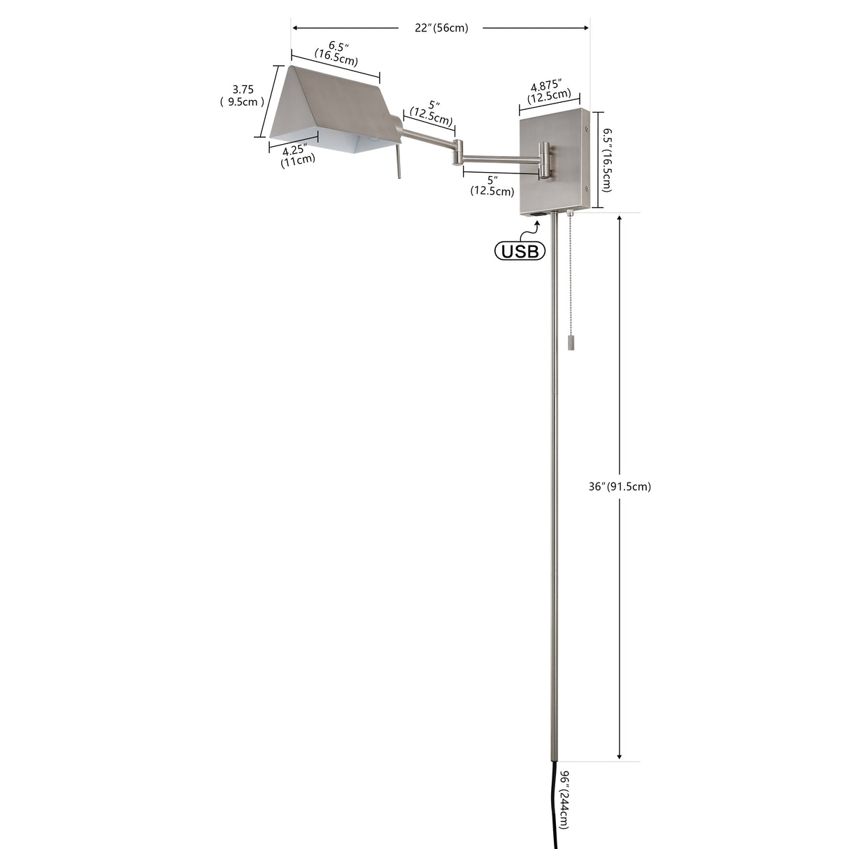 Arlo 1-Light Farmhouse Industrial Single Swing Arm Plug-In or Hardwired Iron LED Wall Sconce with Pull-Chain USB Charging Port