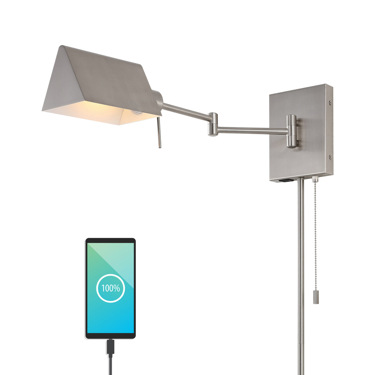 Arlo 1-Light Farmhouse Industrial Single Swing Arm Plug-In or Hardwired Iron LED Wall Sconce with Pull-Chain USB Charging Port