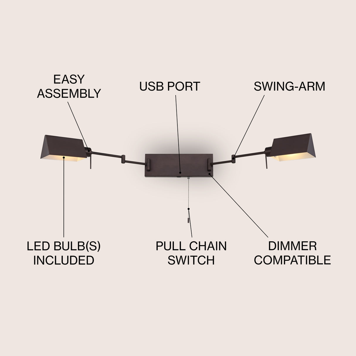 Arlo 2-Light Farmhouse Industrial Double Swing Arm Iron LED Wall Sconce with Pull-Chain USB Charging Port