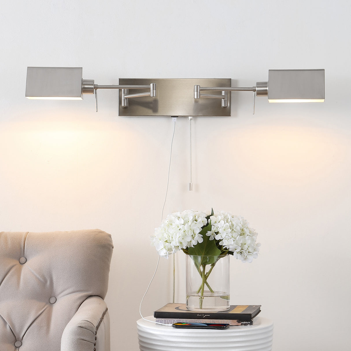 Arlo 2-Light Farmhouse Industrial Double Swing Arm Iron LED Wall Sconce with Pull-Chain USB Charging Port