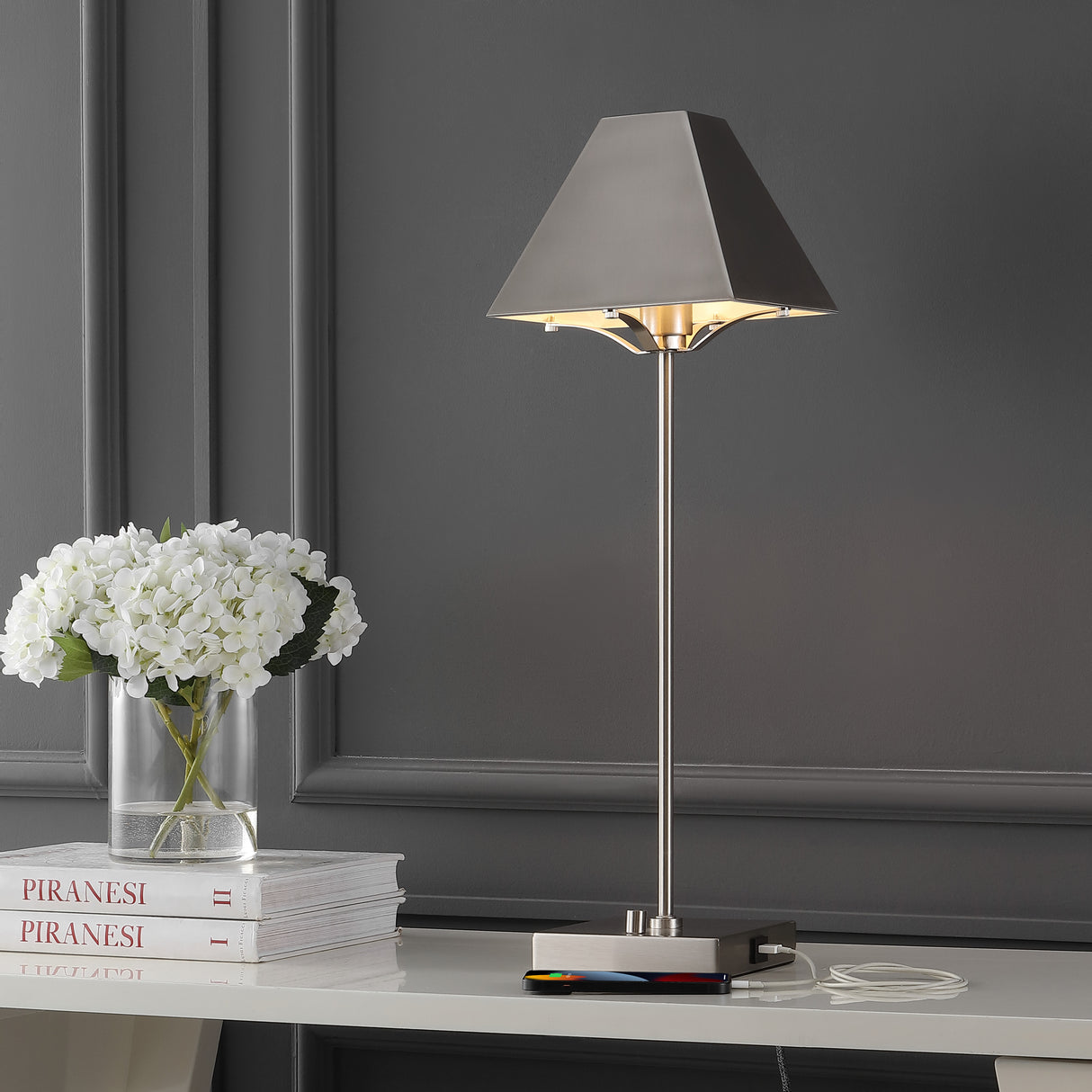 Ruthen Industrial Style Iron Pyramid Bedside LED Table Lamp with USB Charging Port