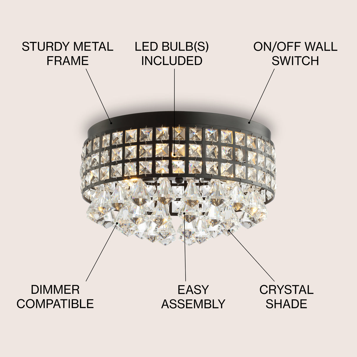 Meredith 3-Light Crystal Drops/Metal LED Flush Mount