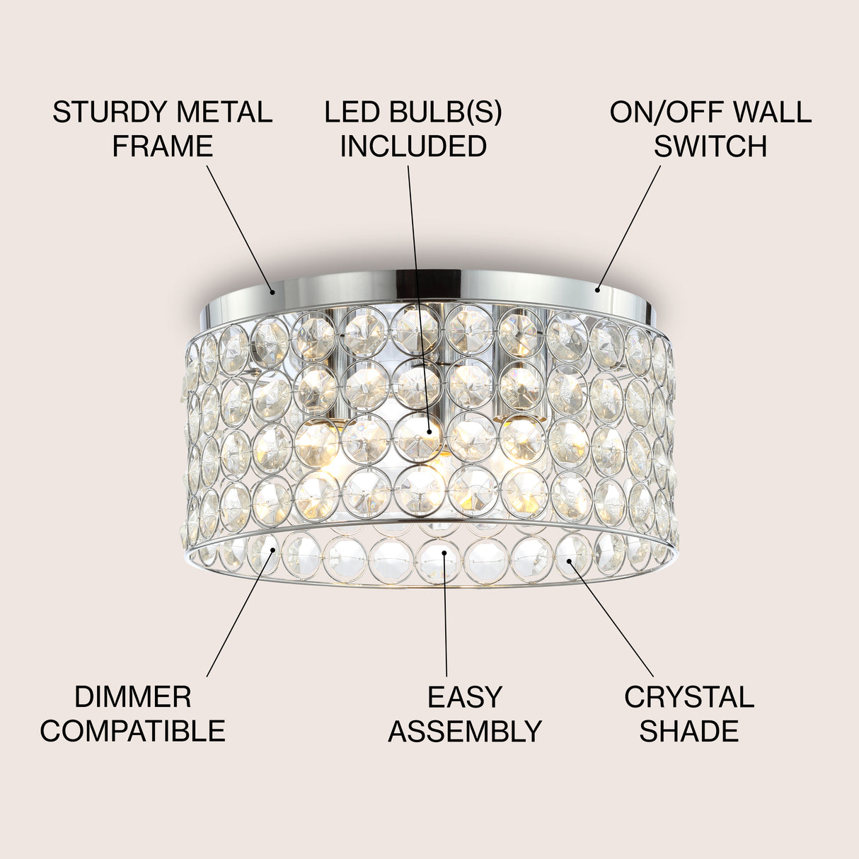 Ellen 3-Light Crystal/Metal LED Flush Mount