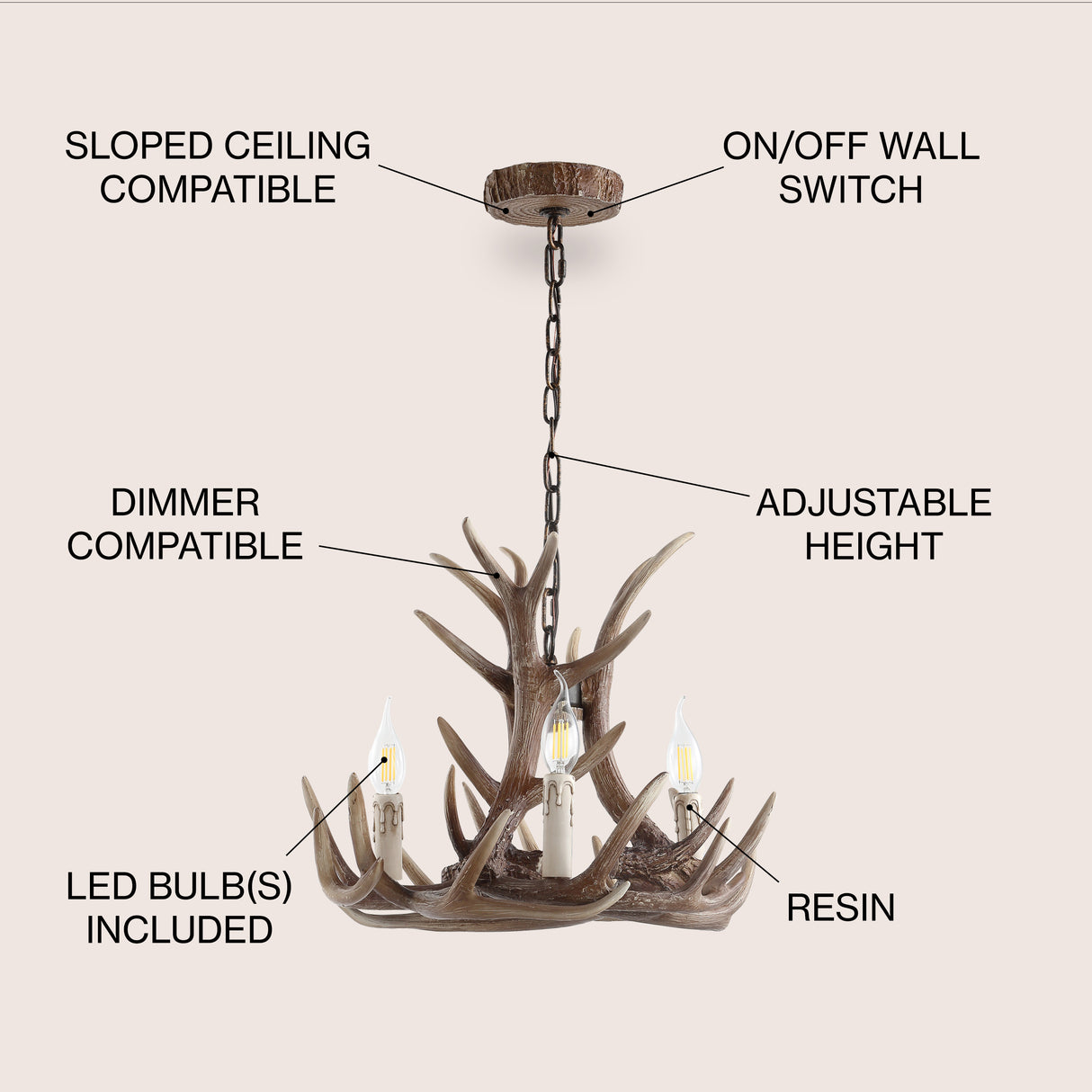 Nelle Adjustable Resin Antler 3-Light LED Chandelier