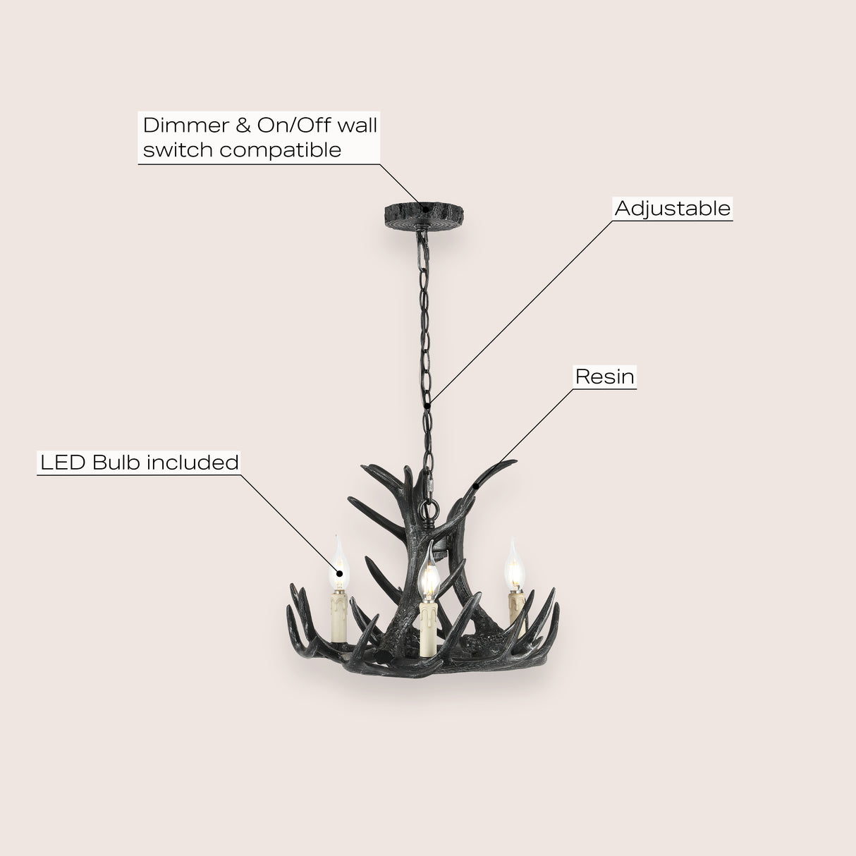 Nelle Adjustable Resin Antler 3-Light Dimmable LED Chandelier