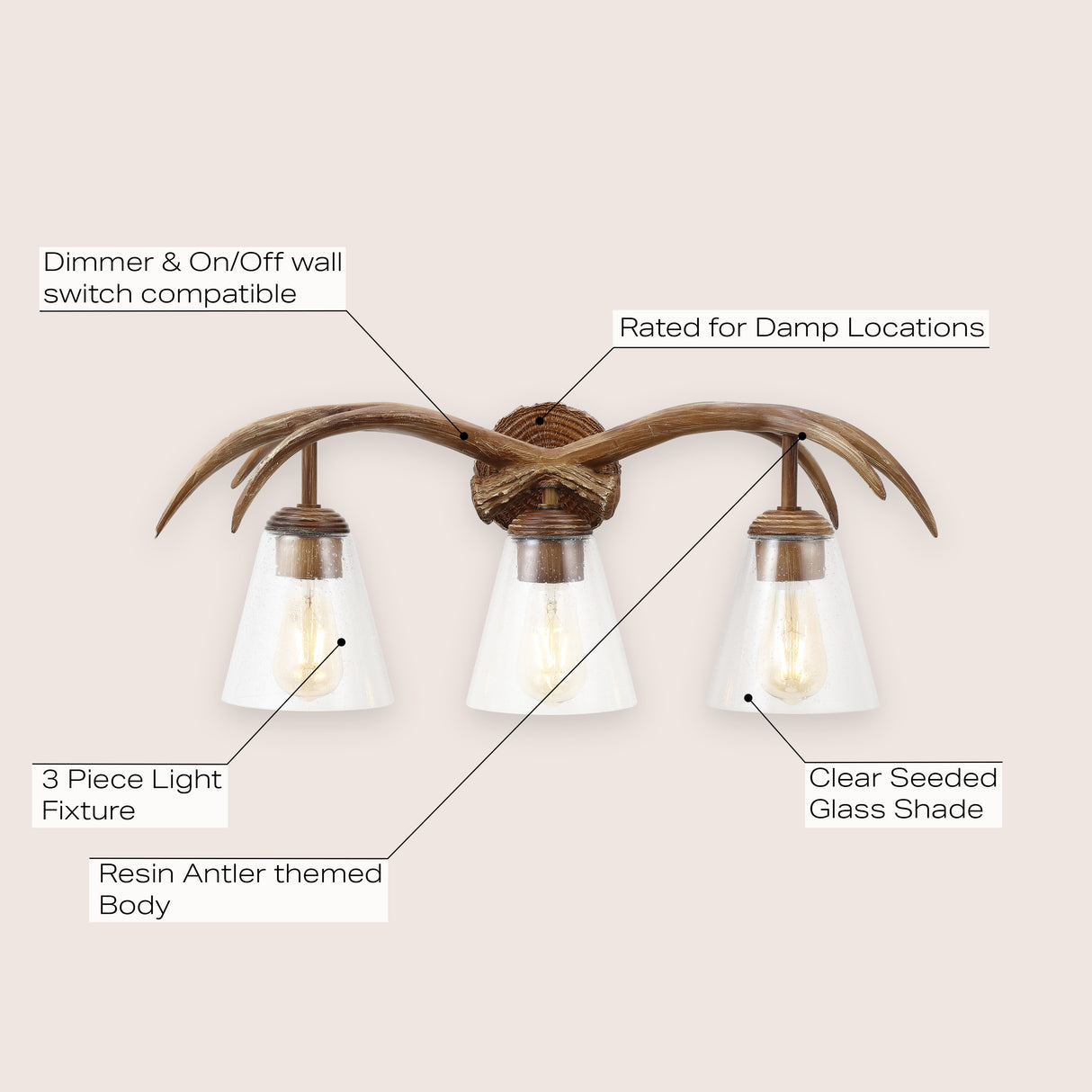 Wyatt 3-Light Southwestern Bohemian Resin/Seeded Glass Faux Antler LED Vanity Light