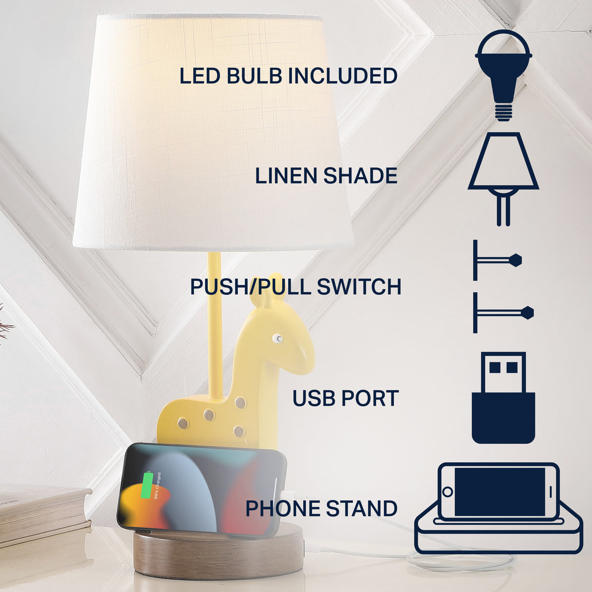Sahara Mid-Century Vintage Iron/Resin Giraffe LED Kids' Table Lamp with Phone Stand and USB Charging Port
