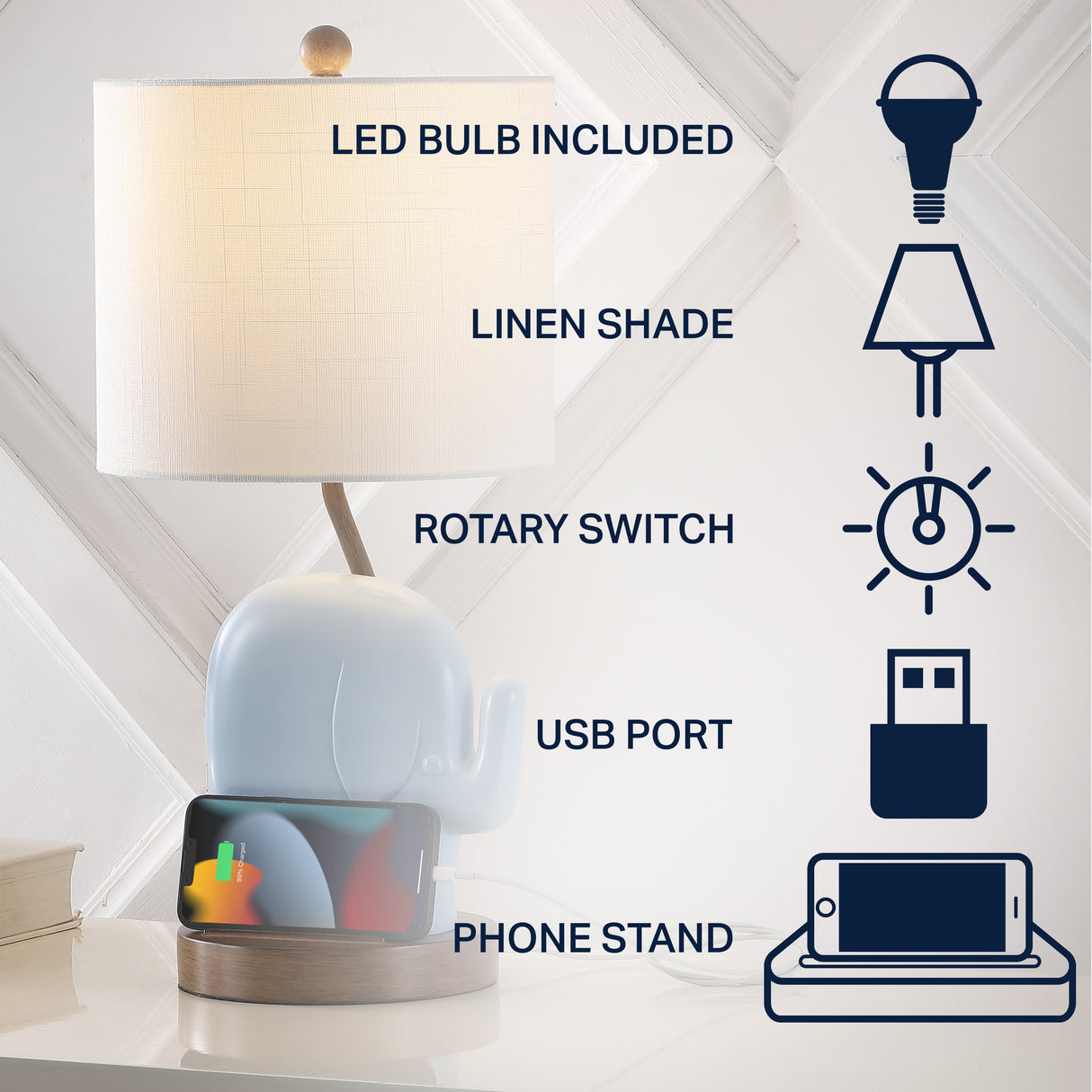 Ellie Bohemian Designer Iron/Resin Elephant LED Kids' Table Lamp with Phone Stand and USB Charging Port