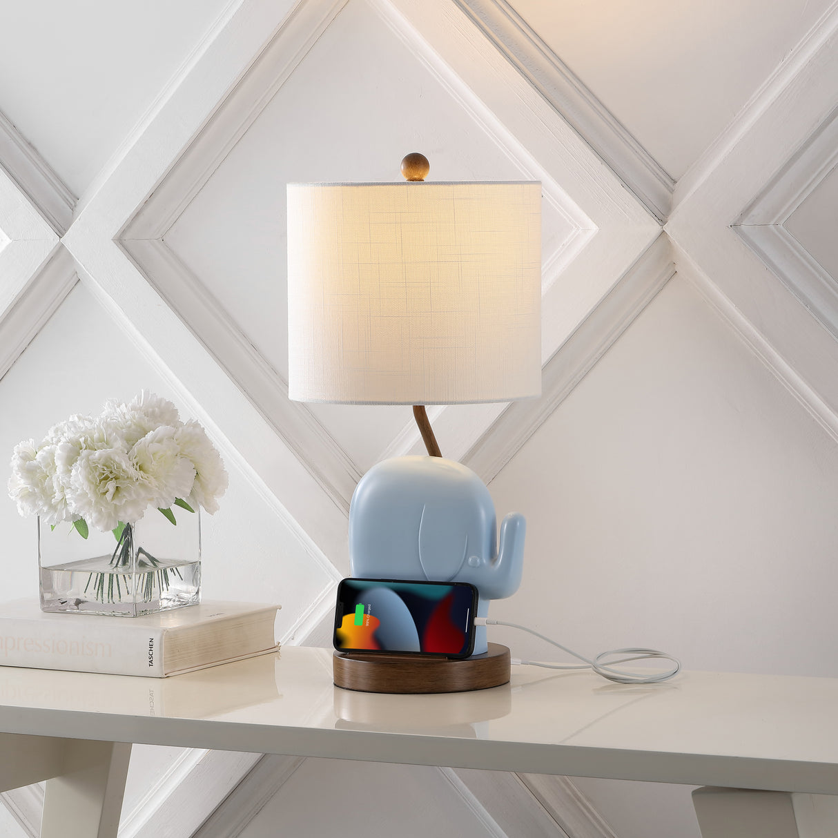 Ellie Bohemian Designer Iron/Resin Elephant LED Kids' Table Lamp with Phone Stand and USB Charging Port