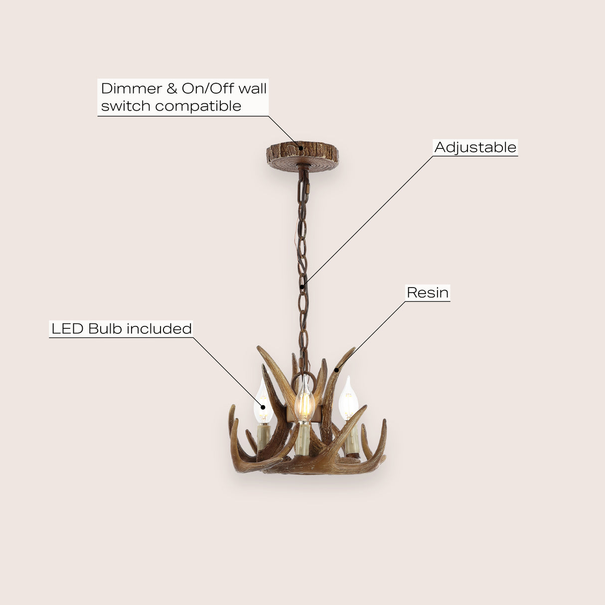 Nelle Adjustable Resin Antler 3-Light LED Chandelier
