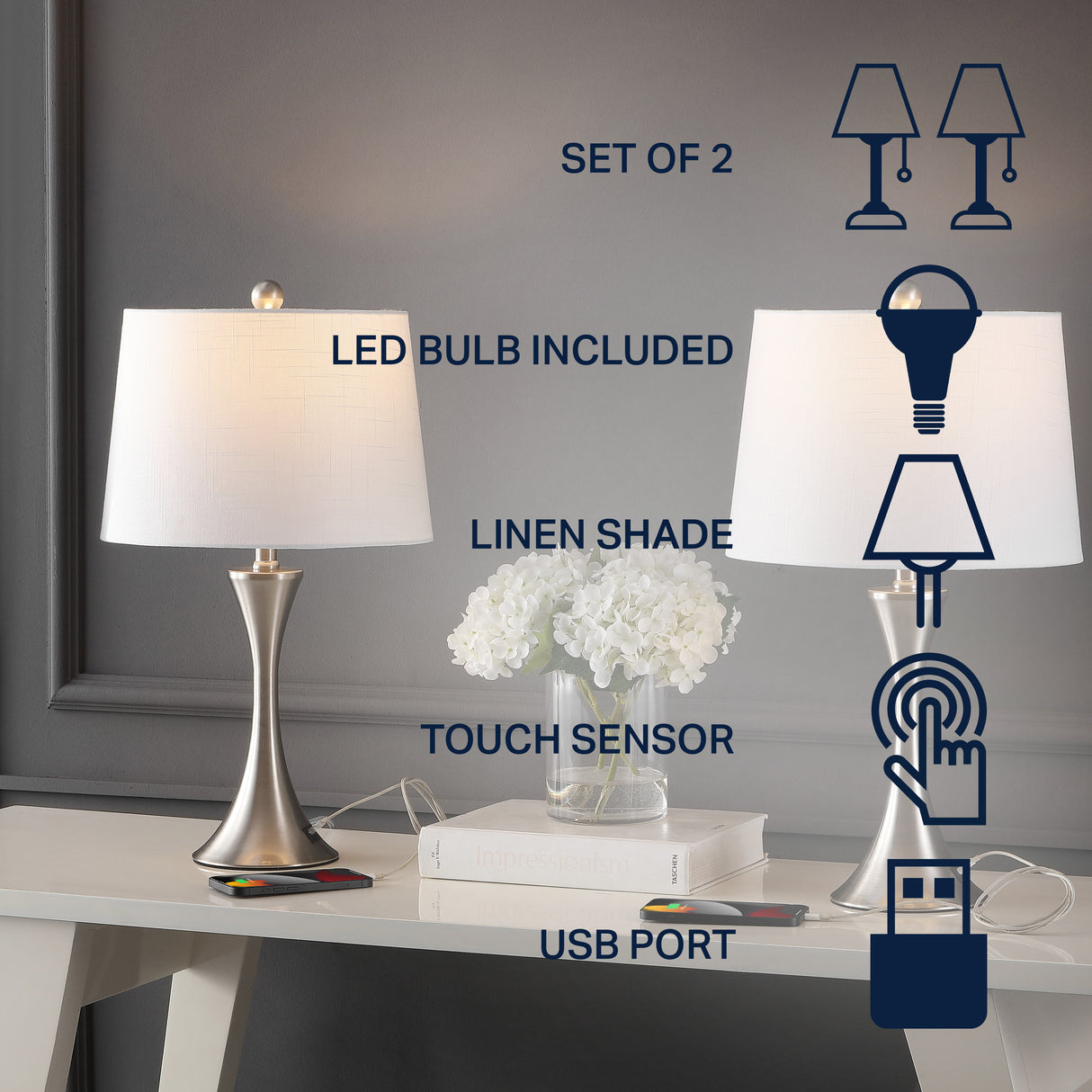 Bennett Modern Glam Iron Hourglass LED Table Lamp with USB Charging Port