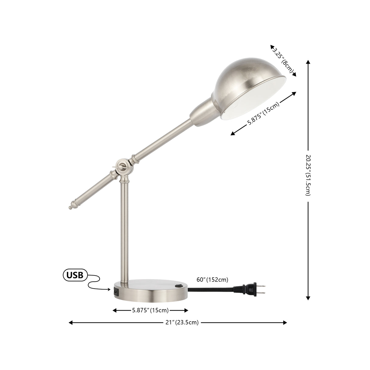 Curtis Vintage Industrial Iron Adjustable Dome Shade LED Task Lamp with USB Charging Port