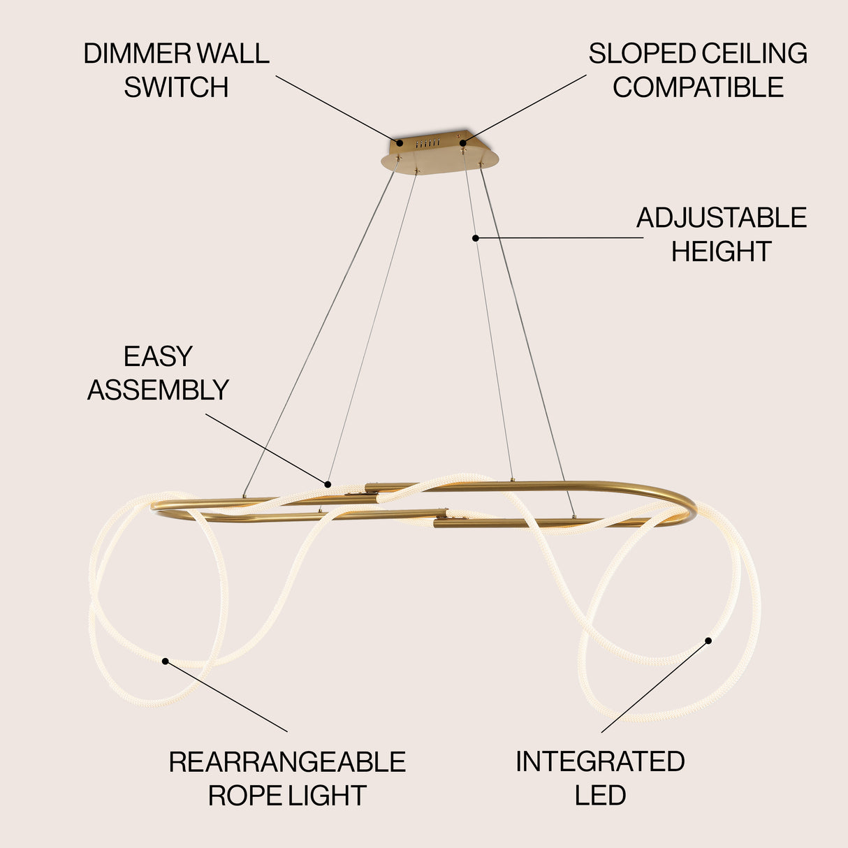 Lisette 360 Adjustable Silicone Rope and Metal Dimmable LED Chandelier