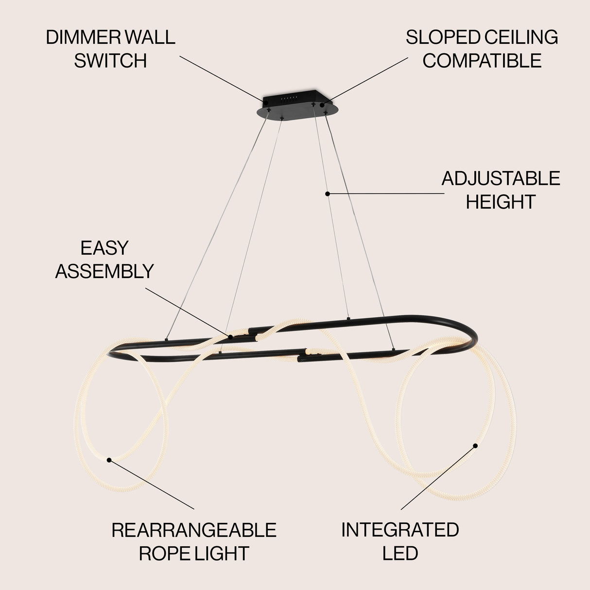 Lisette 360 Adjustable Silicone Rope and Metal Dimmable LED Chandelier