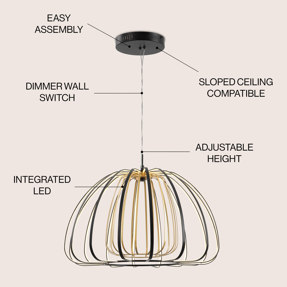 Gigi Modern Glam Metal Adjustable Dimmable Stripe Cage LED Pendant