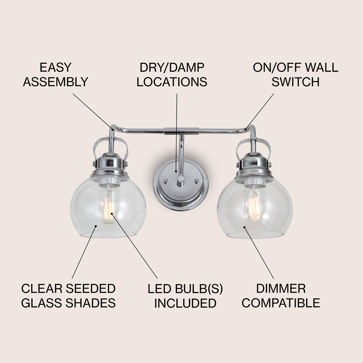 Shirley 2-Light Metal/Seeded Glass Vanity Light