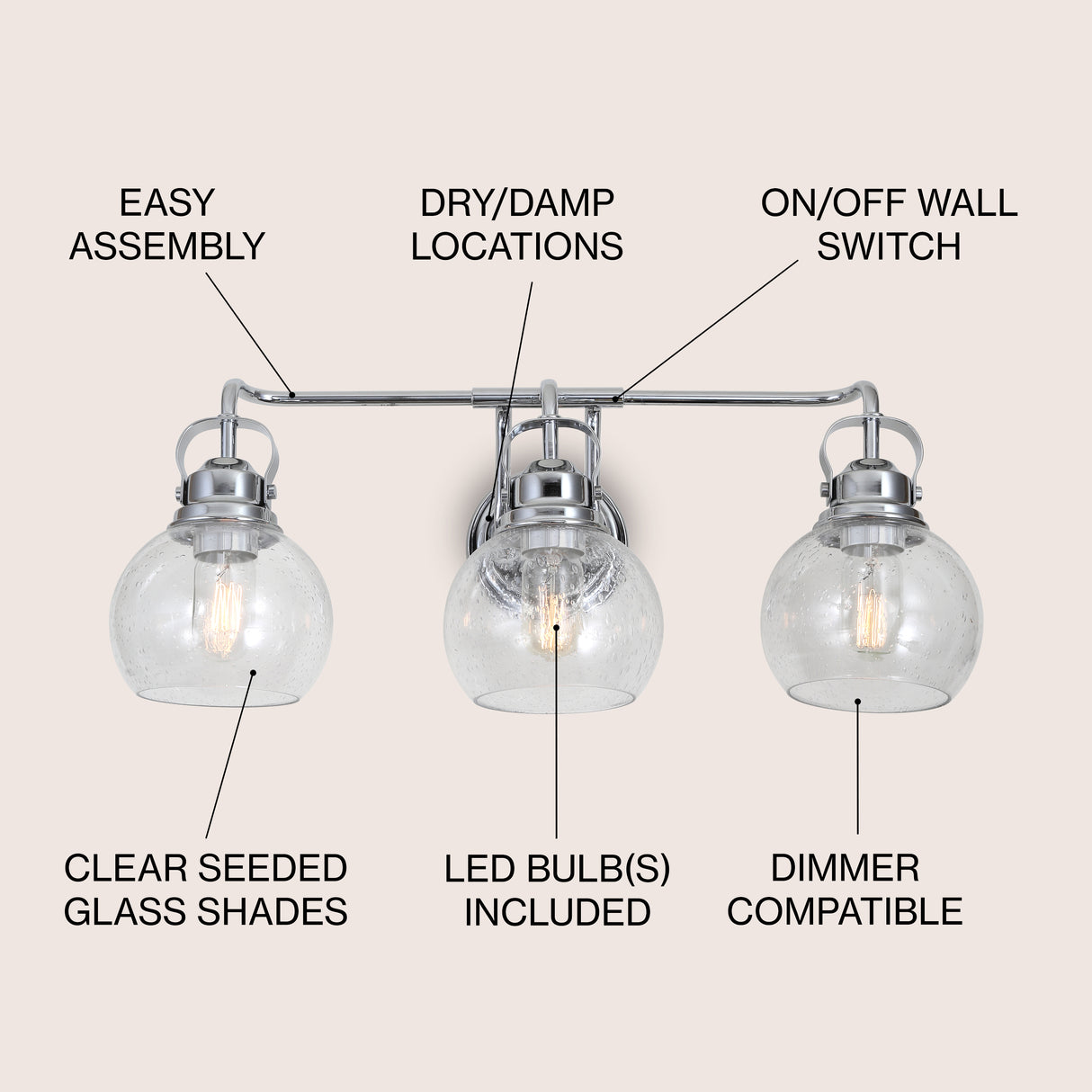 Shirley 3-Light Metal/Seeded Glass Vanity Light