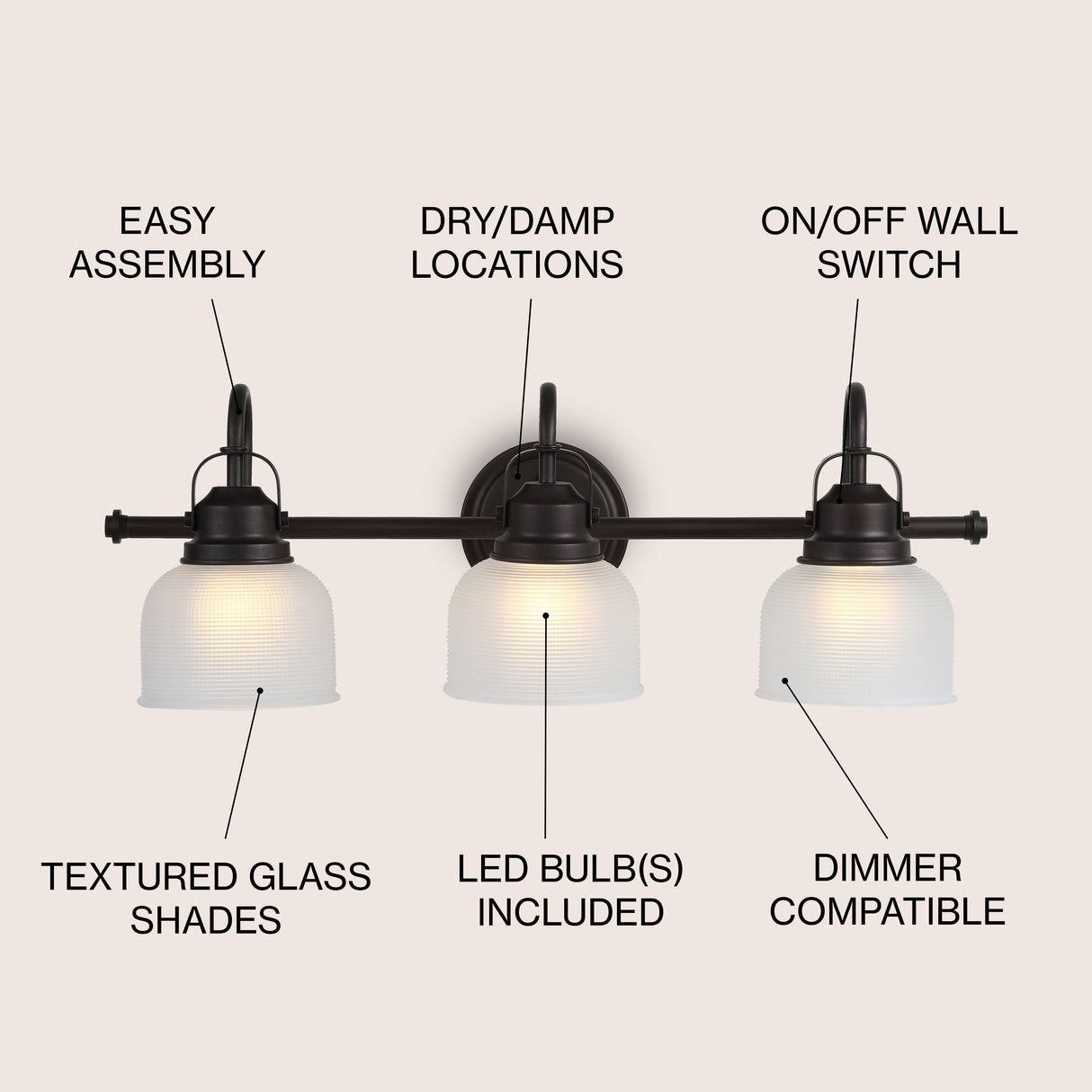 Virginia 3-Light Metal/Glass LED Vanity Light