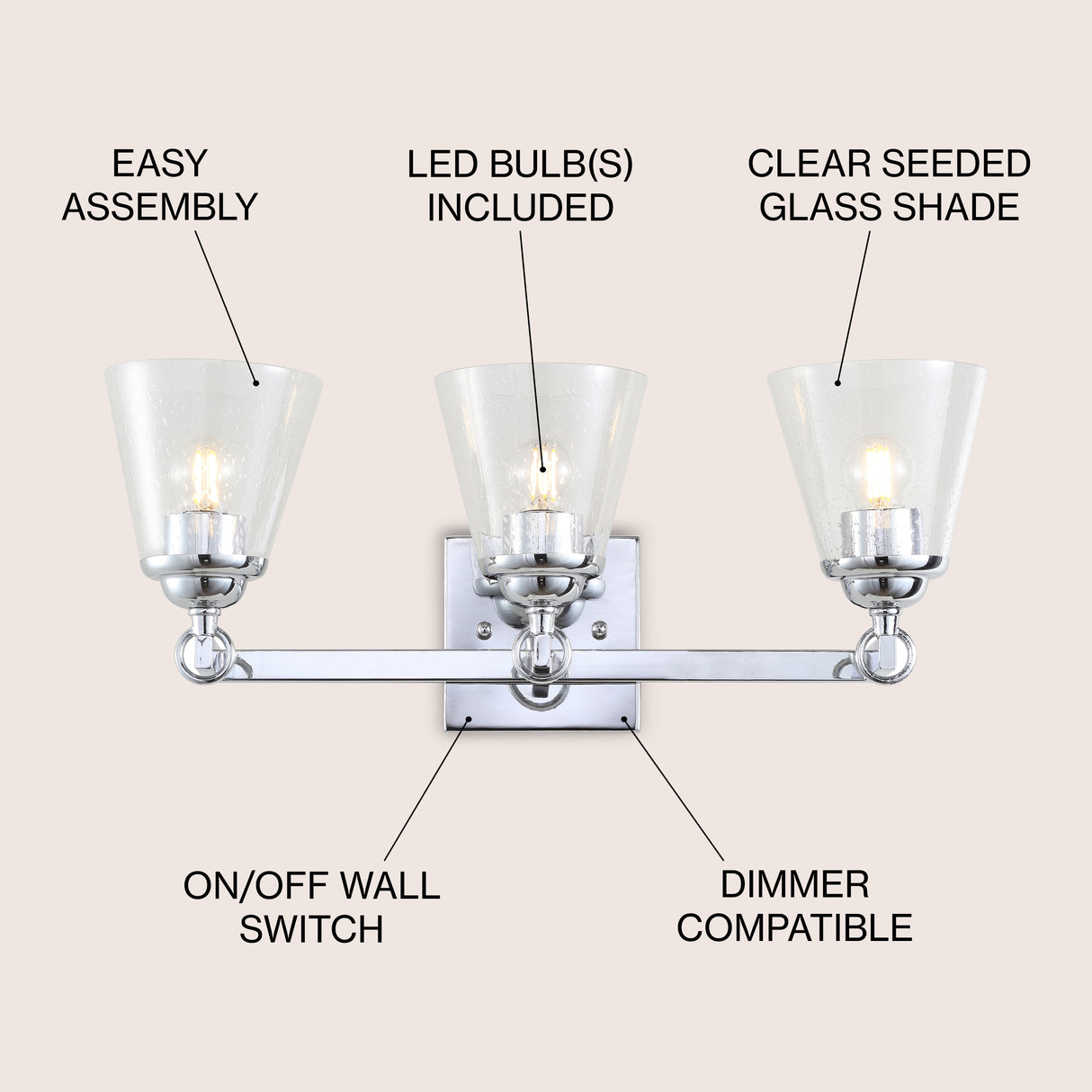 Marion 3-Light Hurricane Metal/Seeded Glass LED Vanity Light