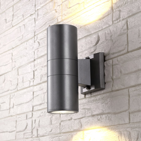 Duo-2-Light-Modern-Midcentury-Cylinder-Outdoor-Metal/Glass-Integrated-LED-Sconce-with-Uplight-Wall-Sconces