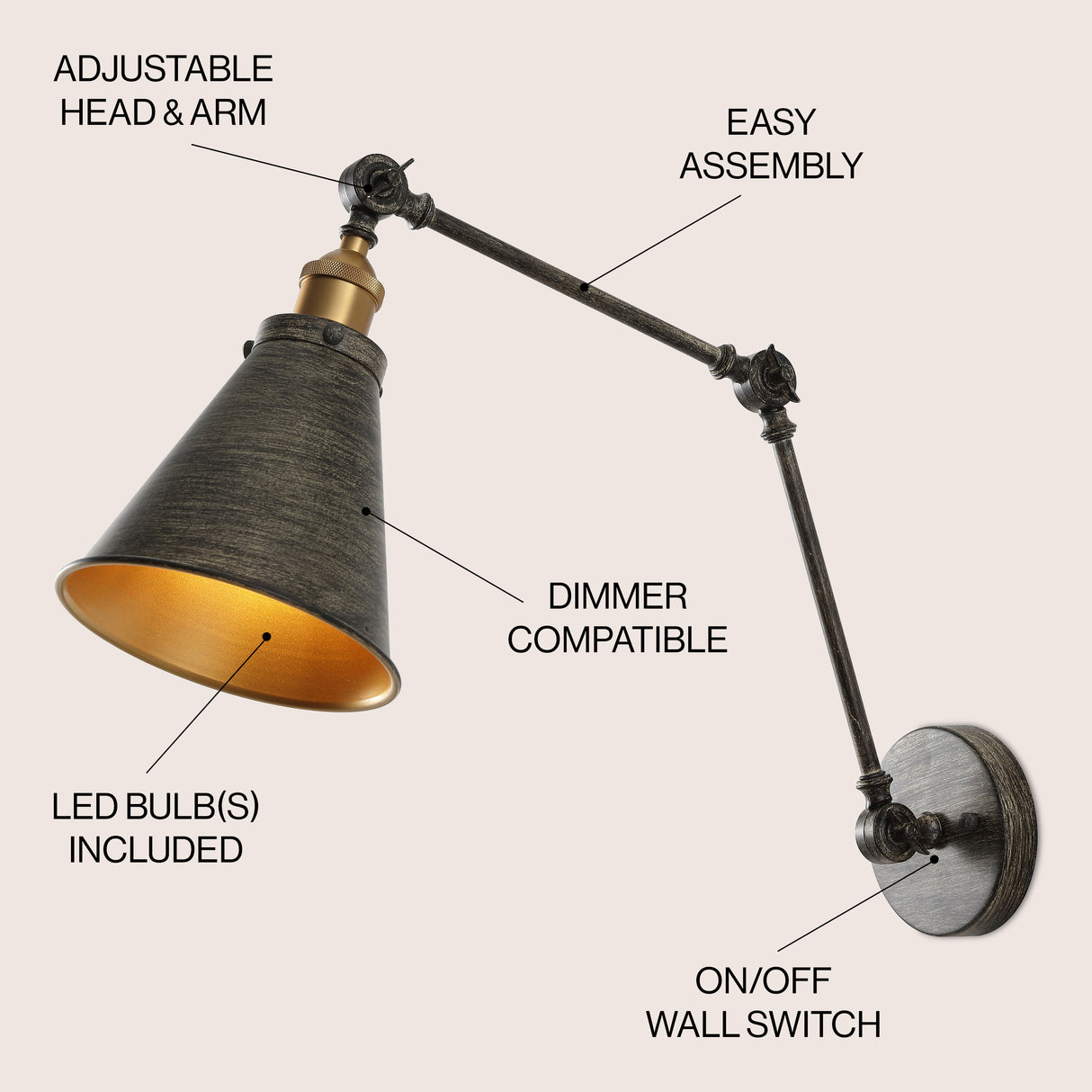 Rover Classic Industrial Metal Adjustable Arm LED Wall Sconce