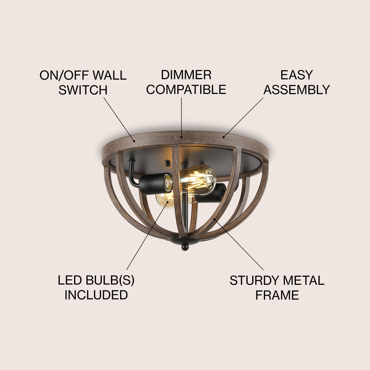 Darlene 2-Light Iron Rustic Farmhouse LED Flush Mount