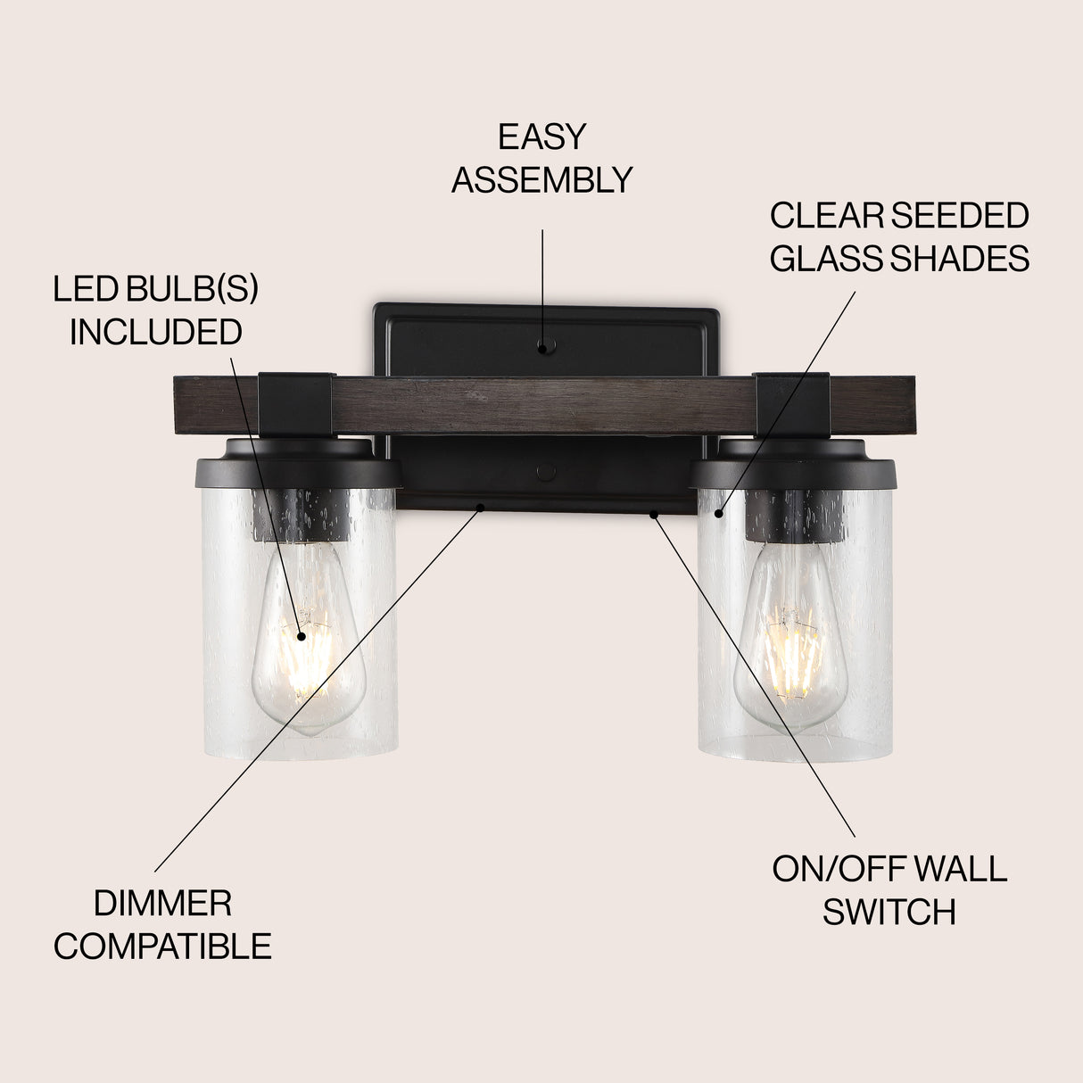 Bungalow 2-Light Iron/Seeded Glass Rustic Farmhouse LED Vanity Light