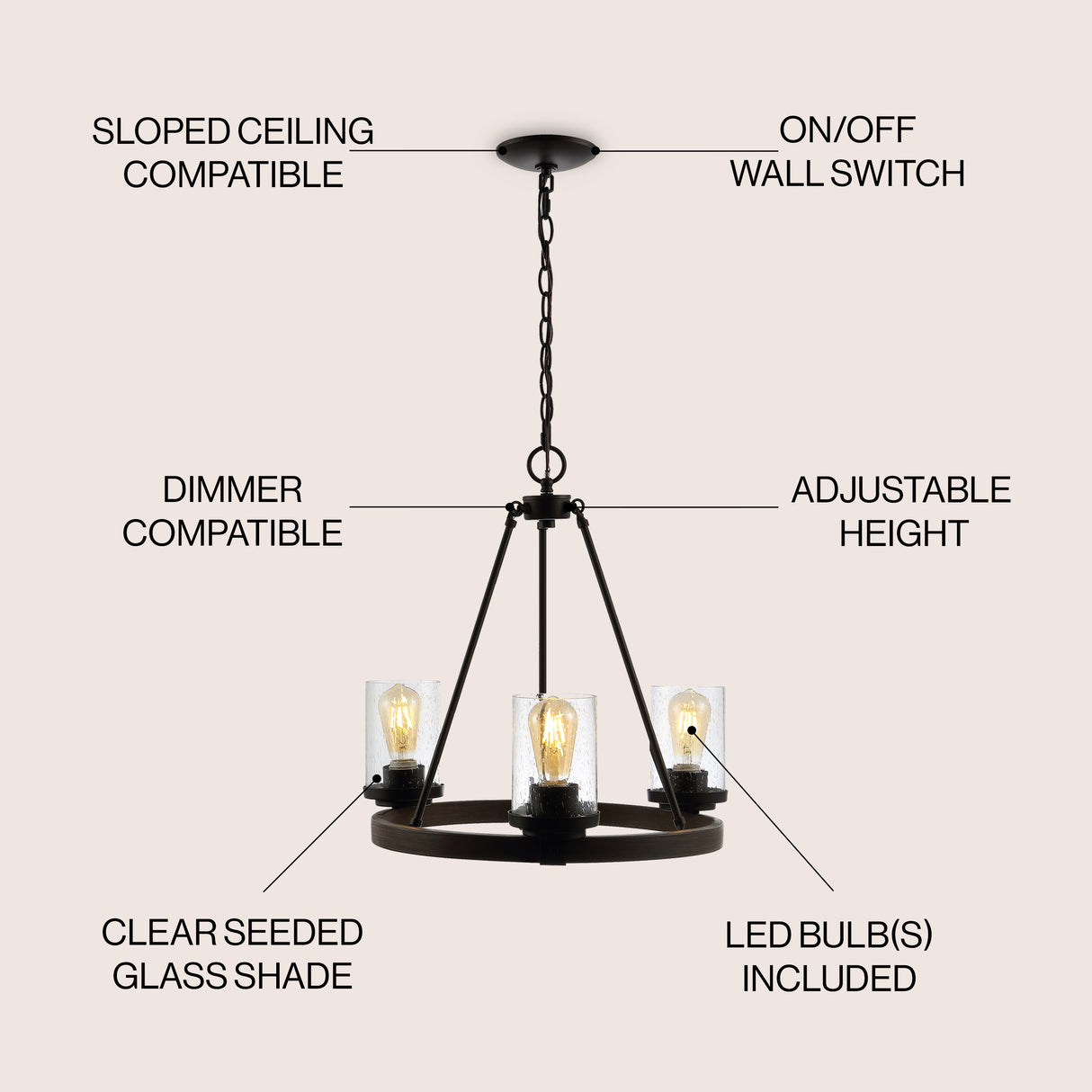 Coronet 3-Light Iron/Seeded Glass Rustic Farmhouse LED Chandelier