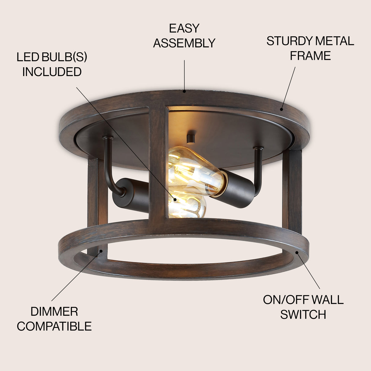 Atelier 2-Light Iron Rustic Industrial LED Flush Mount