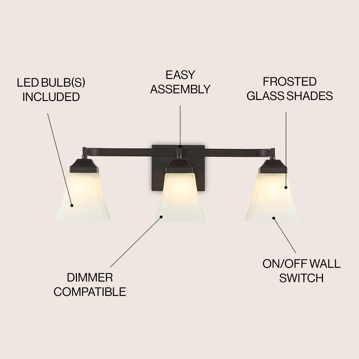 Staunton 3-Light Iron/Glass Modern Cottage LED Vanity Light