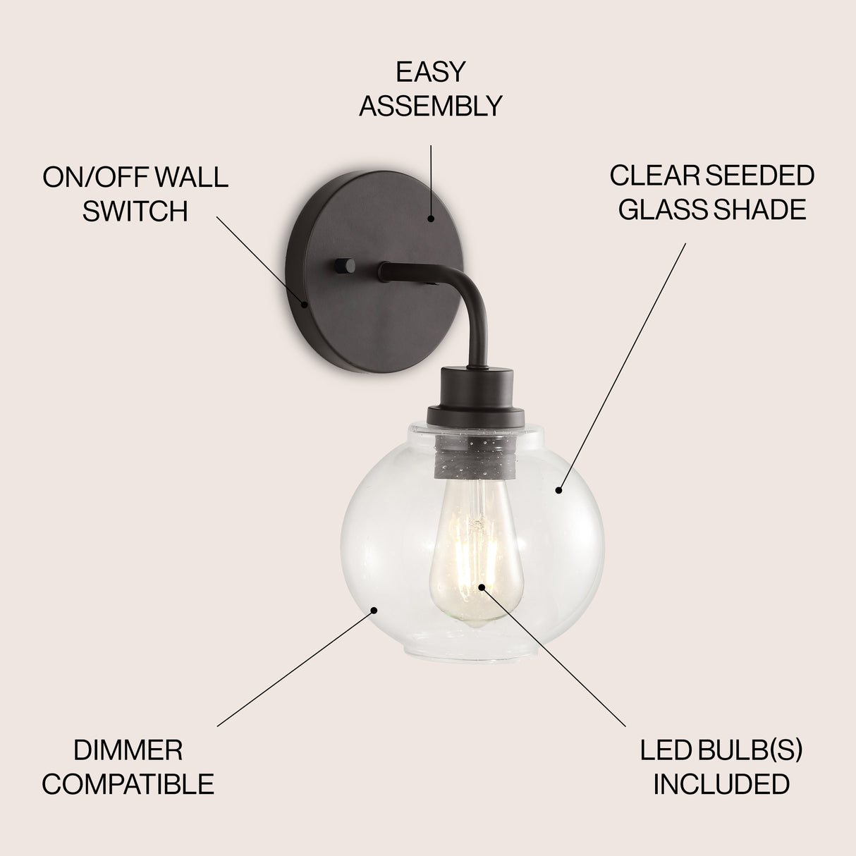 Sandrine 1-Light Iron/Seeded Glass Cottage Rustic LED Vanity Light