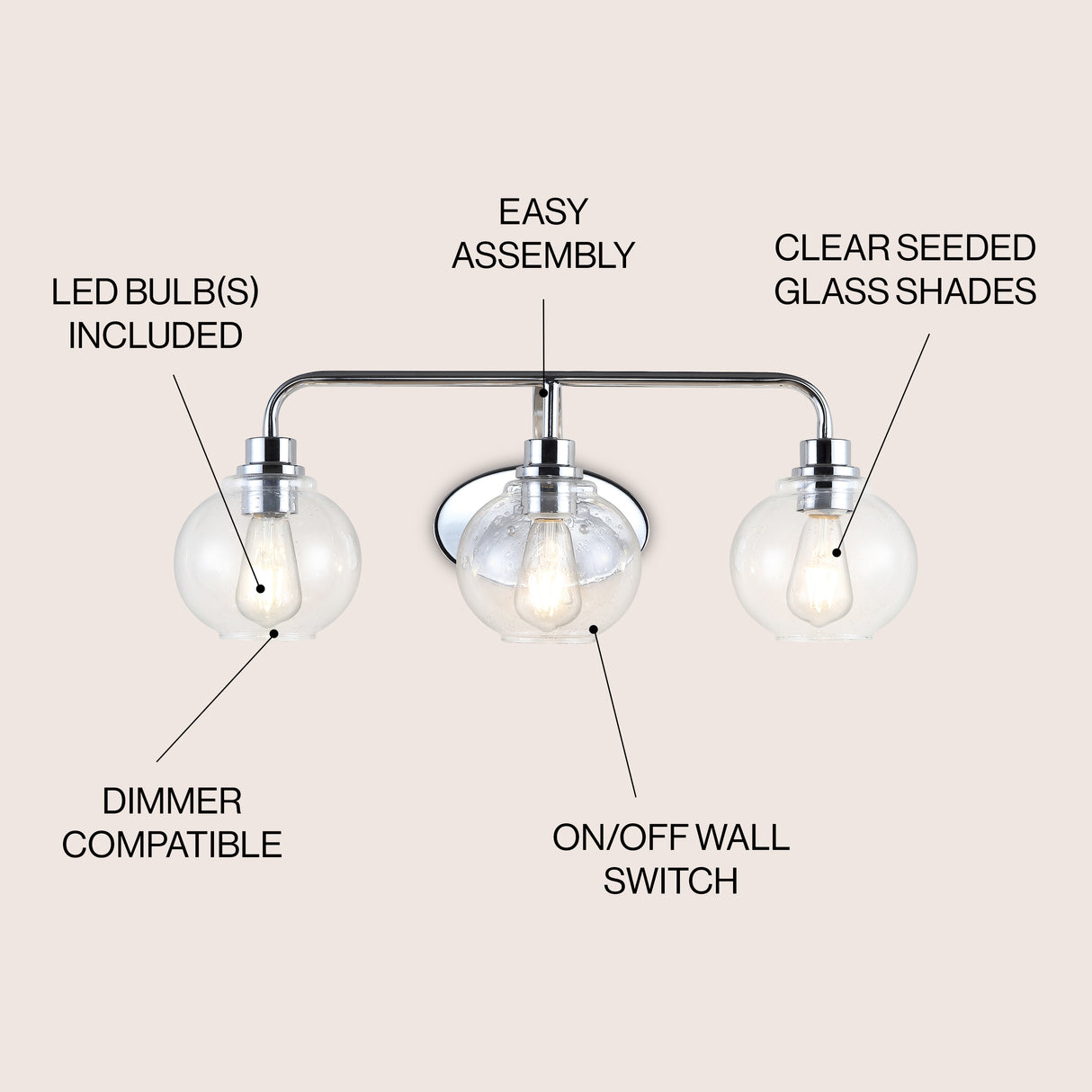 Sandrine 3-Light Iron/Seeded Glass Cottage Rustic LED Vanity Light