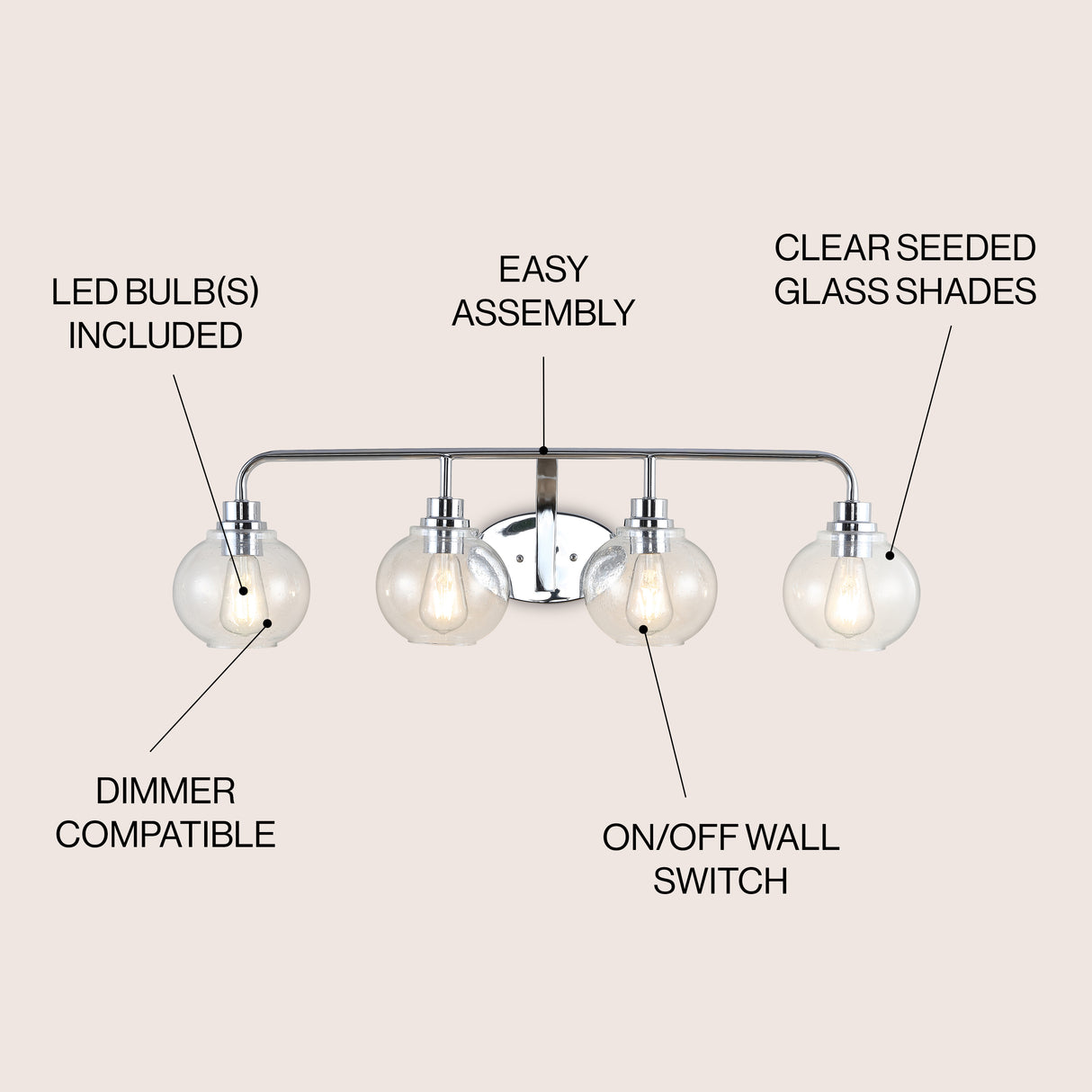 Sandrine 4-Light Iron/Seeded Glass Cottage Rustic LED Vanity Light