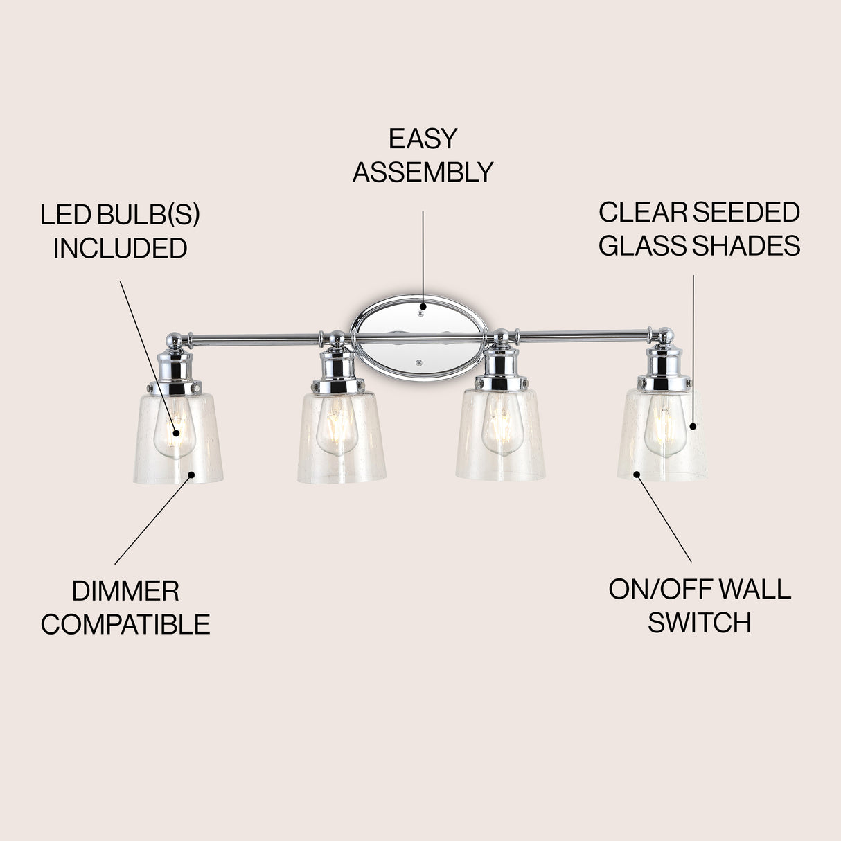 Beverly 4-Light Iron/Seeded Glass Classic Cottage LED Vanity Light