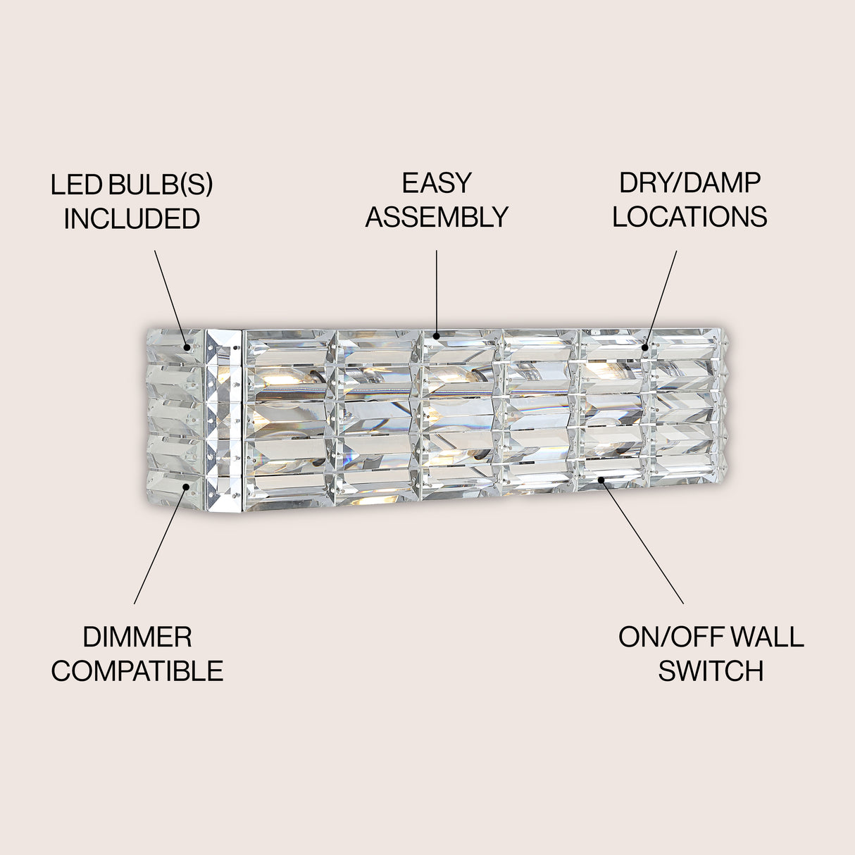 Evelyn 3-Light Iron/Crystal Glam Modern LED Vanity Light