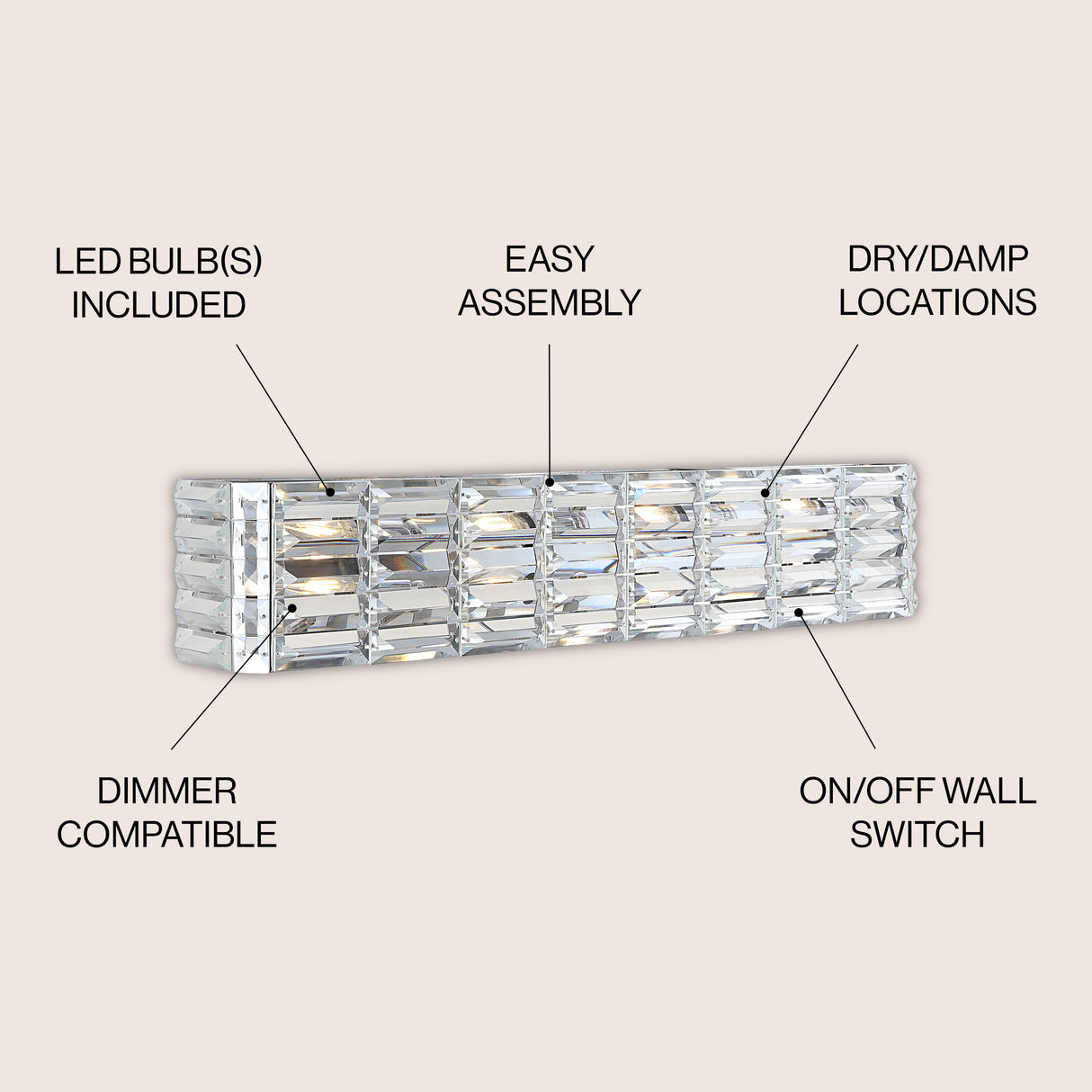 Evelyn 4-Light Iron/Crystal Glam Modern LED Vanity Light