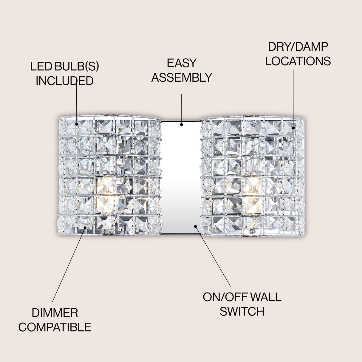 Clara 2-Light Metal/Crystal Classic Glam LED Vanity Light