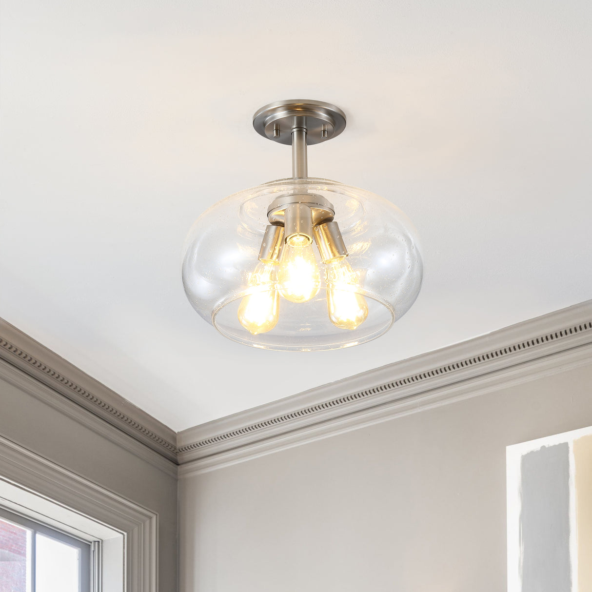 Lina 3-Light Modern Industrial Iron/Seeded Glass LED Semi Flush Mount