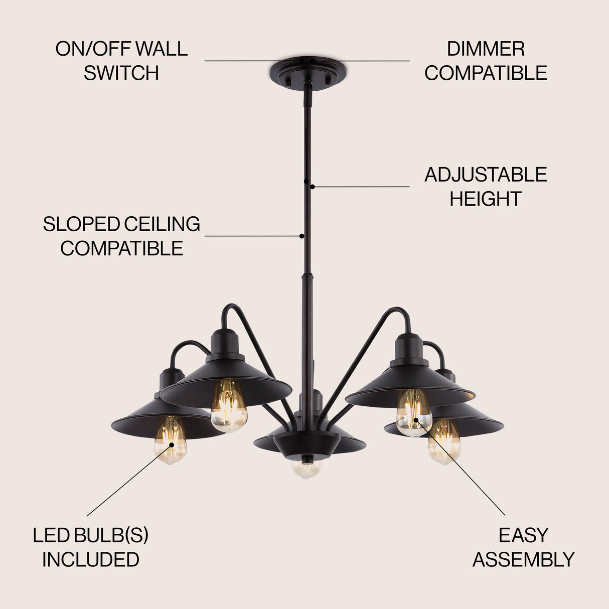 Cole 5-Light Metal Farmhouse Industrial LED Pendant