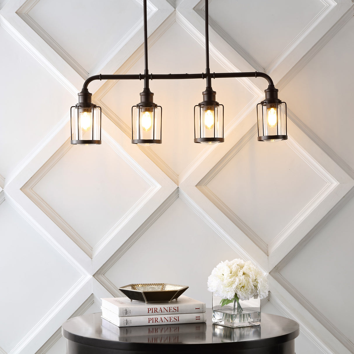 Abbott 4-light farmhouse industrial iron/glass linear led pendant