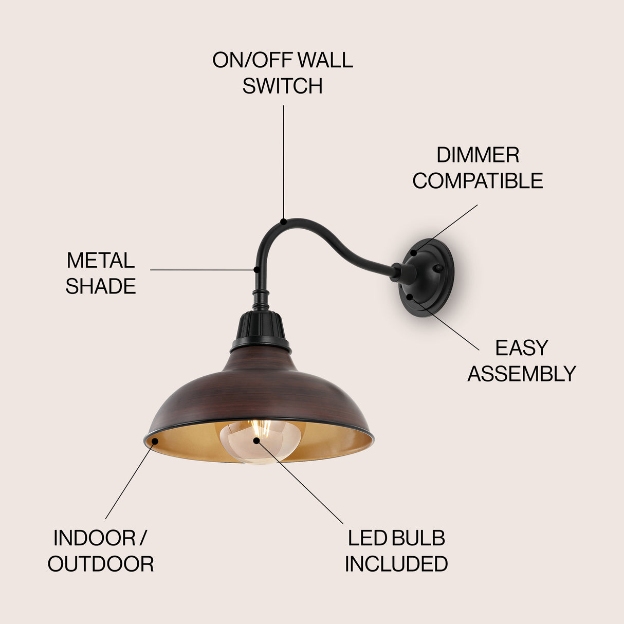 Aurora 1-Light Farmhouse Industrial Indoor/Outdoor Iron LED Gooseneck Arm Outdoor Sconce