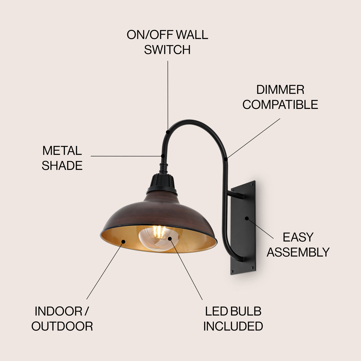 Stanley 1-Light Farmhouse Industrial Indoor/Outdoor Iron LED Gooseneck Arm Outdoor Sconce