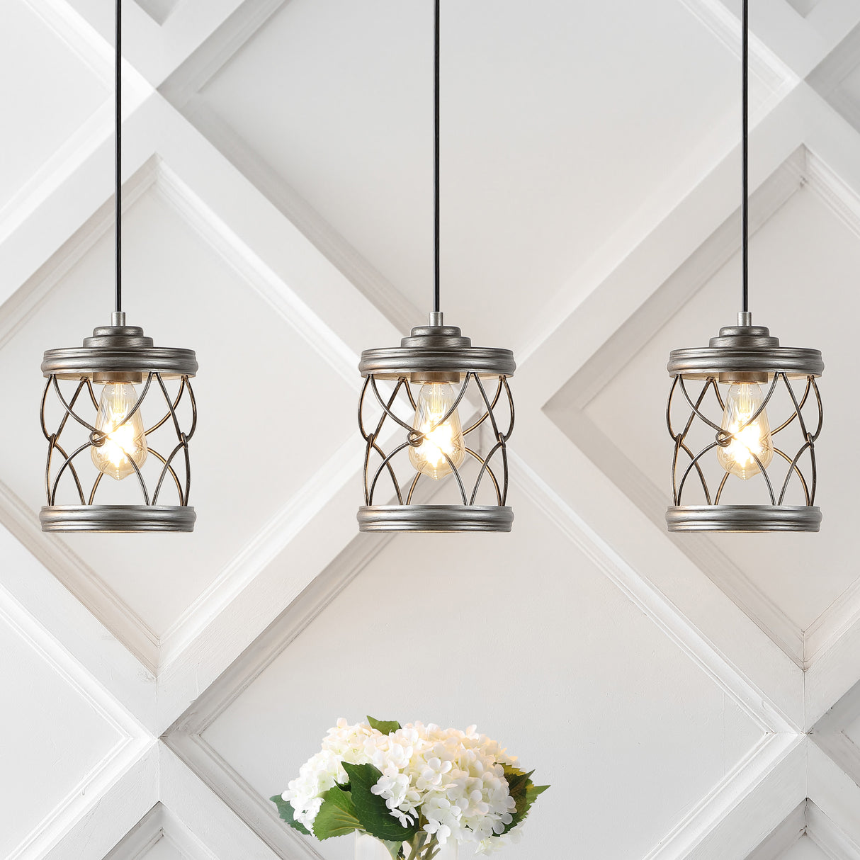 Marelle 1-Light Farmhouse Industrial Iron Filigree Caged Jar LED Pendant