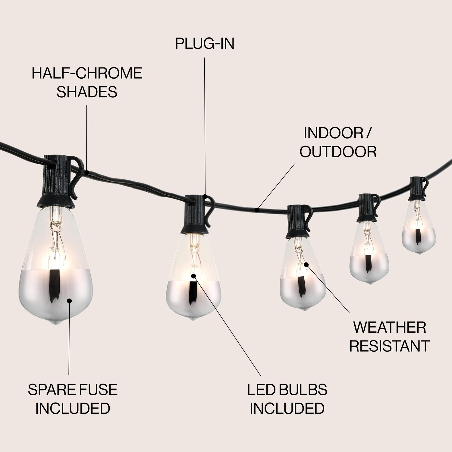 10-light indoor/outdoor rustic industrial incandescent c7 half-chrome bulb string lights
