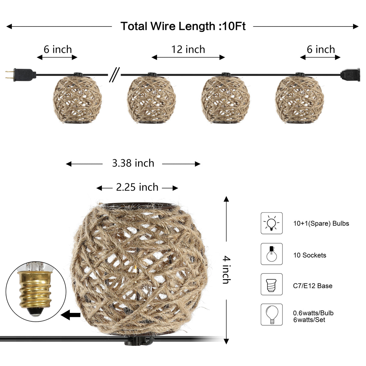 Oahu 10-light indoor/outdoor rustic coastal led c7 globe hemp rope shaded string lights