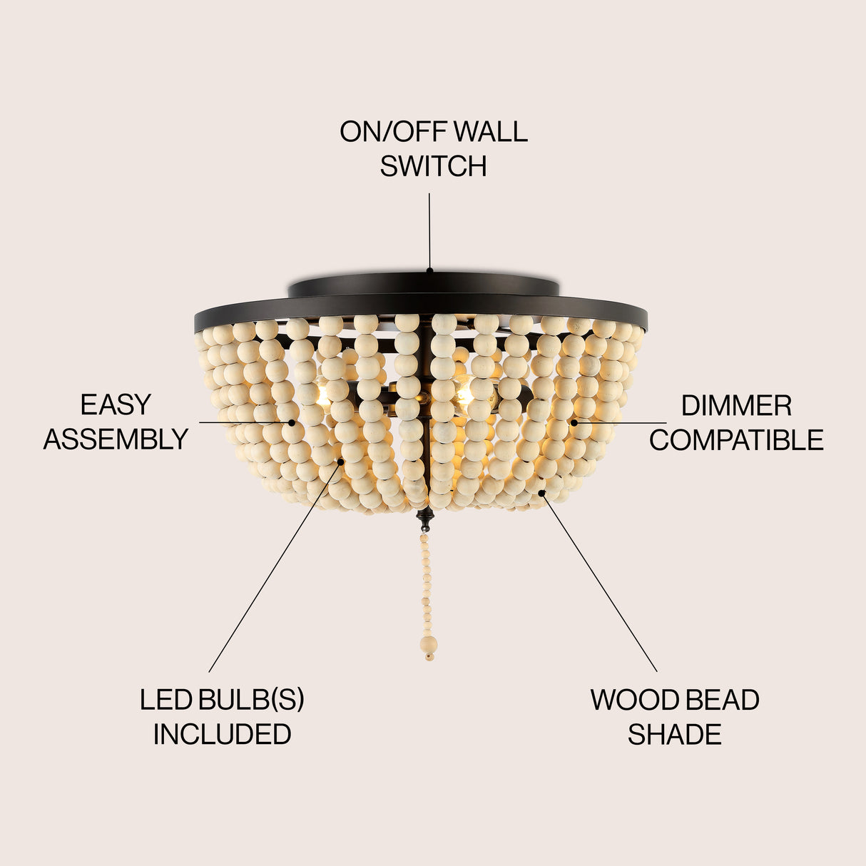 Allison 3-Light Shabby Chic Farmhouse Wood Beaded/Metal LED Flush Mount
